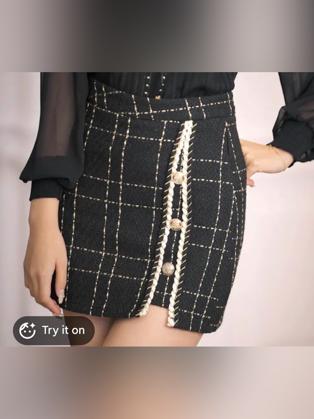 Metallic Check Grid Academia Old Money Clueless Tweed Mini Skirt Skort Black M